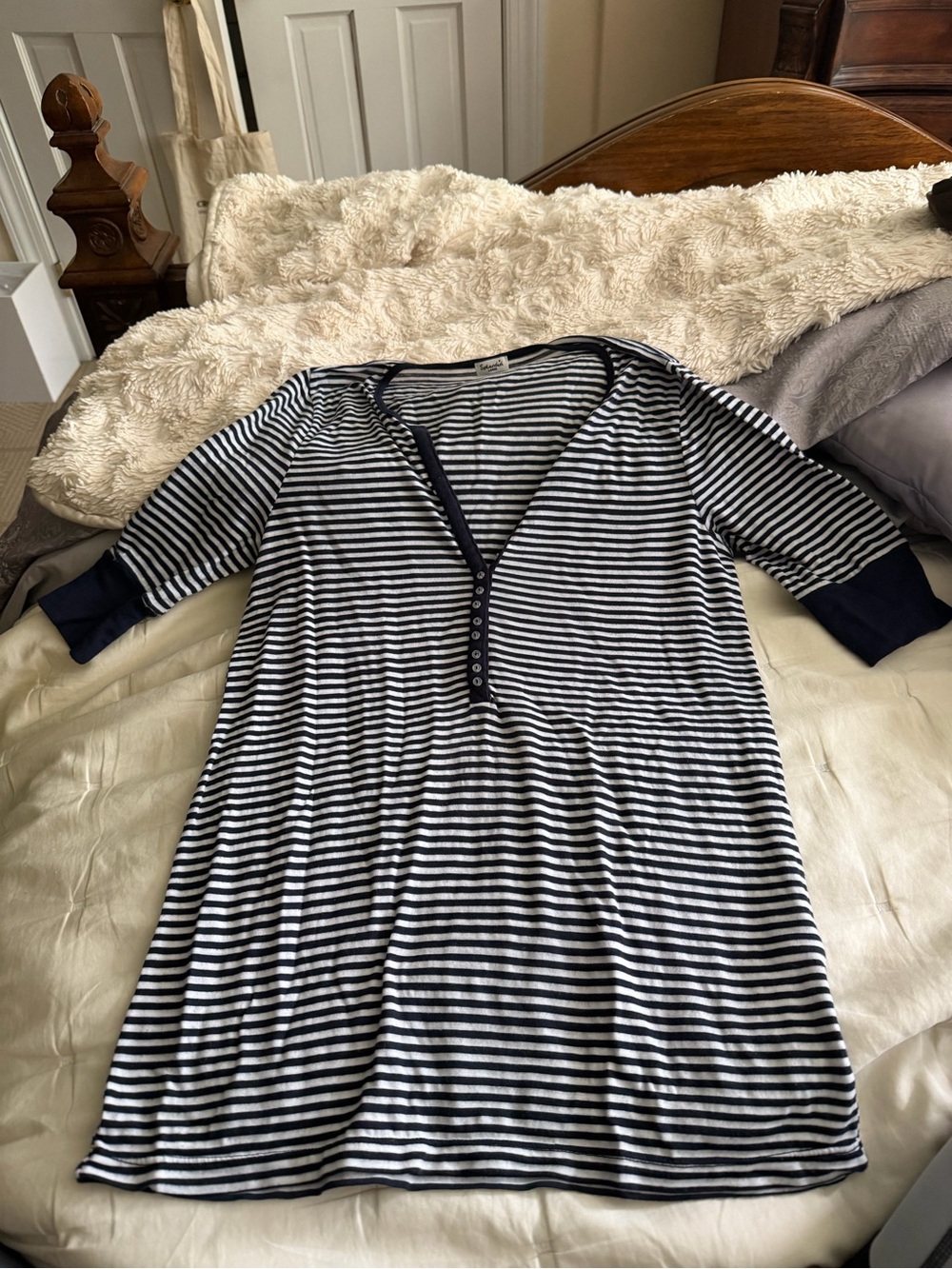 Splendid Navy and White Striped V-Neck Henley Top